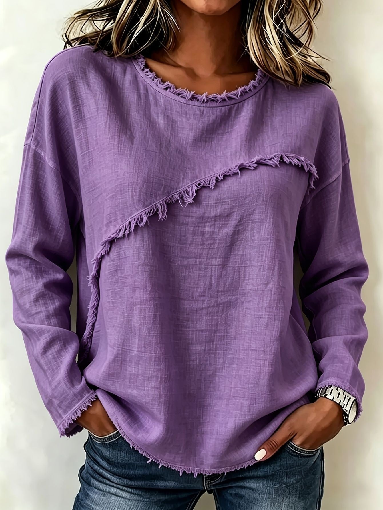 Round-neck Patchwork Lace Long-sleeve T-shirt Casual Top