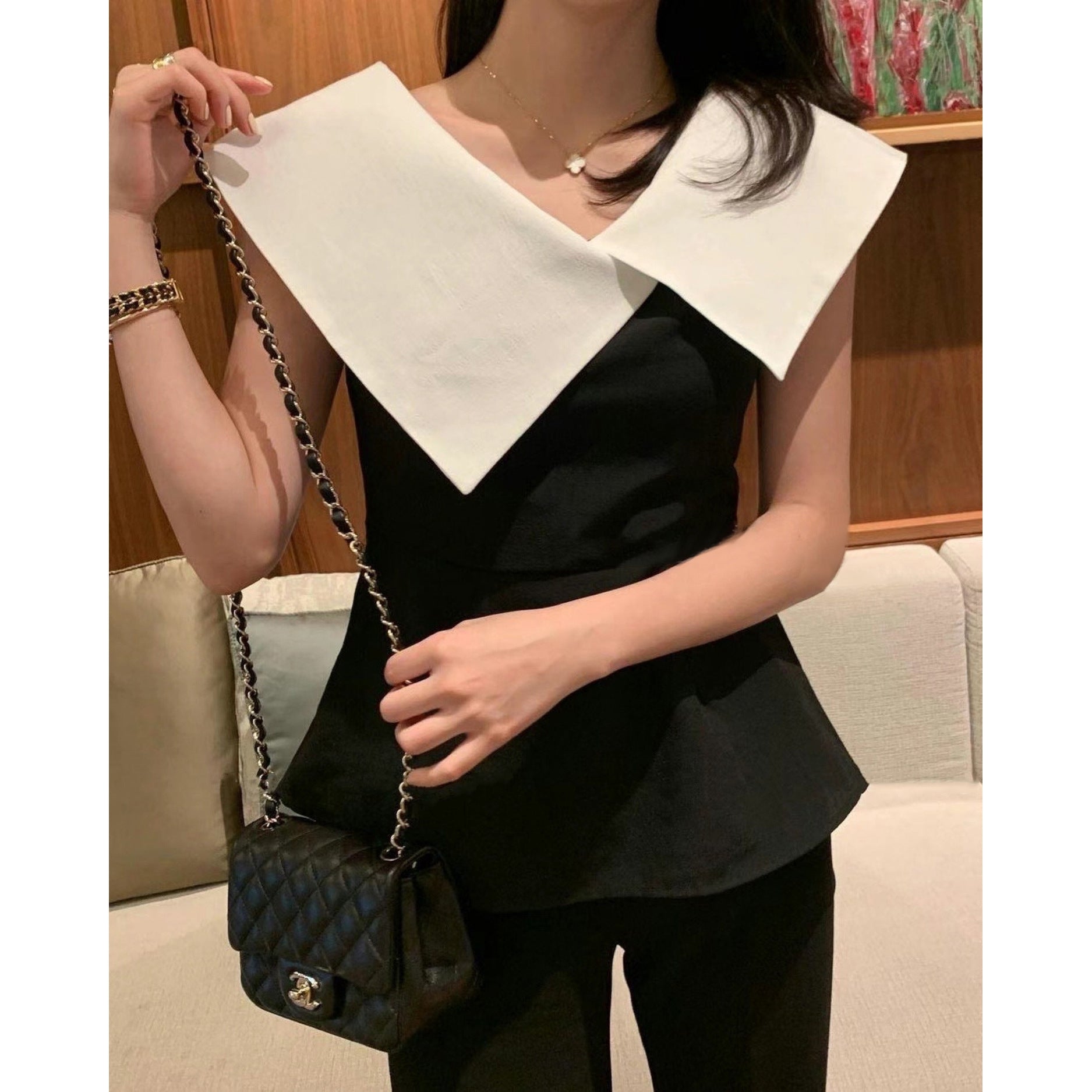 Women's Color-blocked Lapel Waist-cinching Shirt