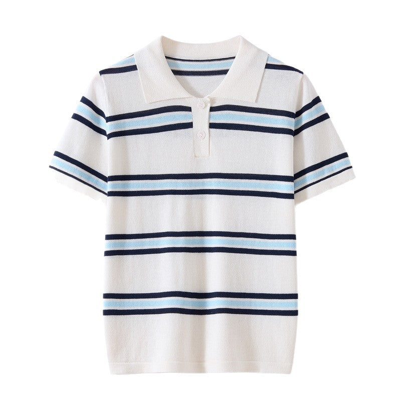 SpringSummer American-Style Retro Color-Block Striped Polo Shirt