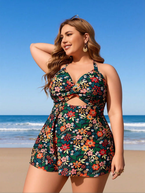 2026 New Plus Size Women's Sexy Fashion Vintage Floral Halter Twist One-Piece Swimdress For Vacation & Leisure