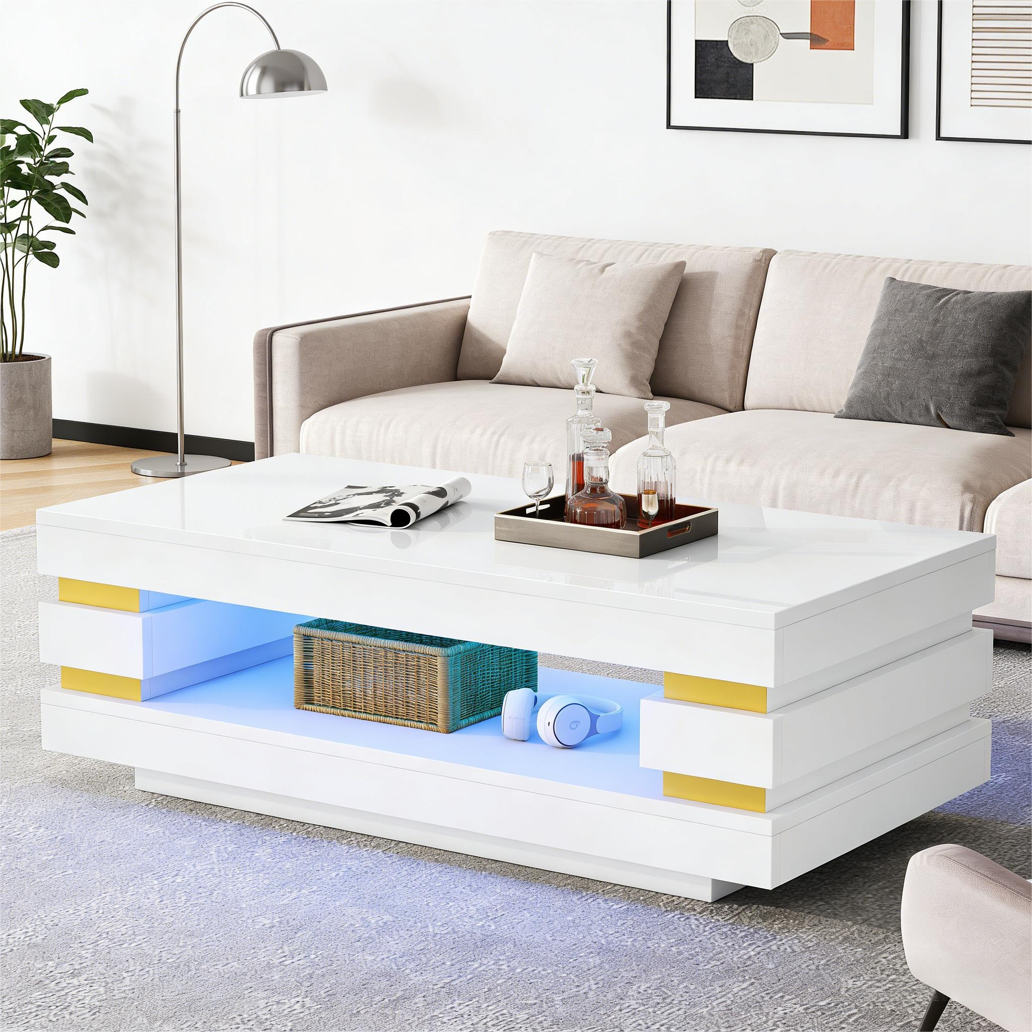 Coffee Table 100X50X35cm With Hollowed-out Center For Storage, Coffee Table, Teetish High Gloss LED Strip Lighting, Ideal For Small Apartments, Made Of Chipboard, White.