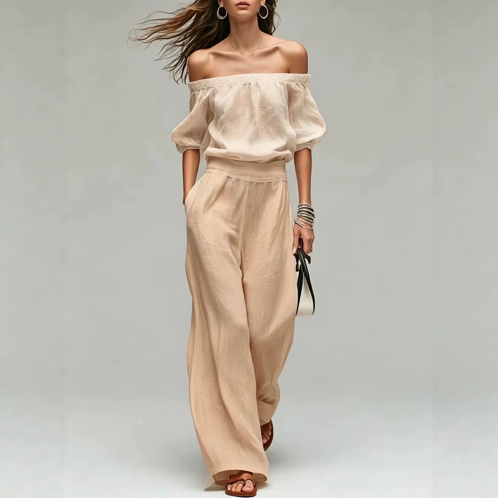 Cinched-top Blouse And Linen-textured Wide-leg Pants Set