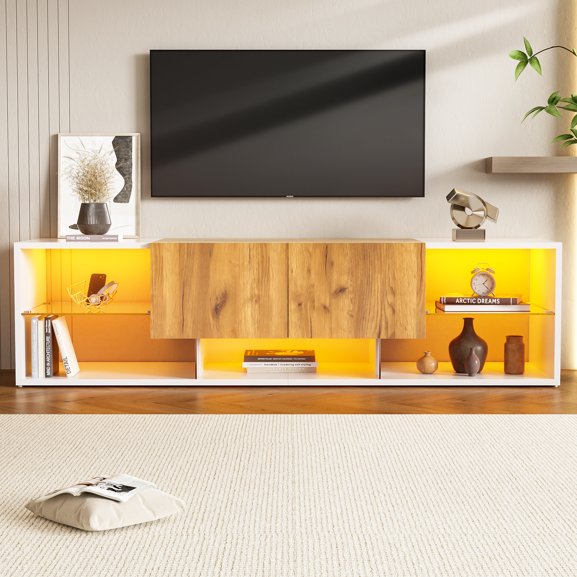 3 Tier TV Console Cabinet For TVs Up To 70, Modern TV Console Entertainment Center With Glass Top Storage Platform And 2 Drawers, TV Stand, Suitable For Living Room, Bedroom, White