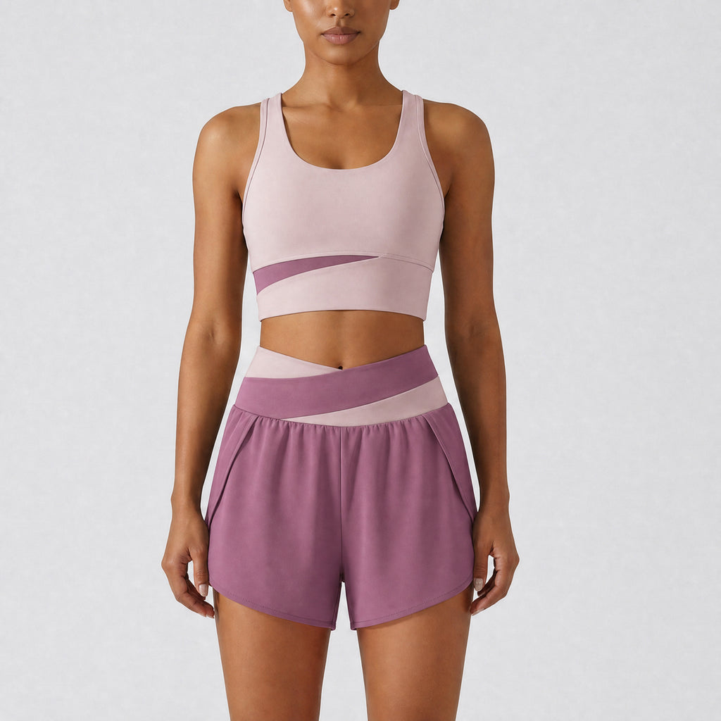 Color-block Sports Top And Shorts Set For Women