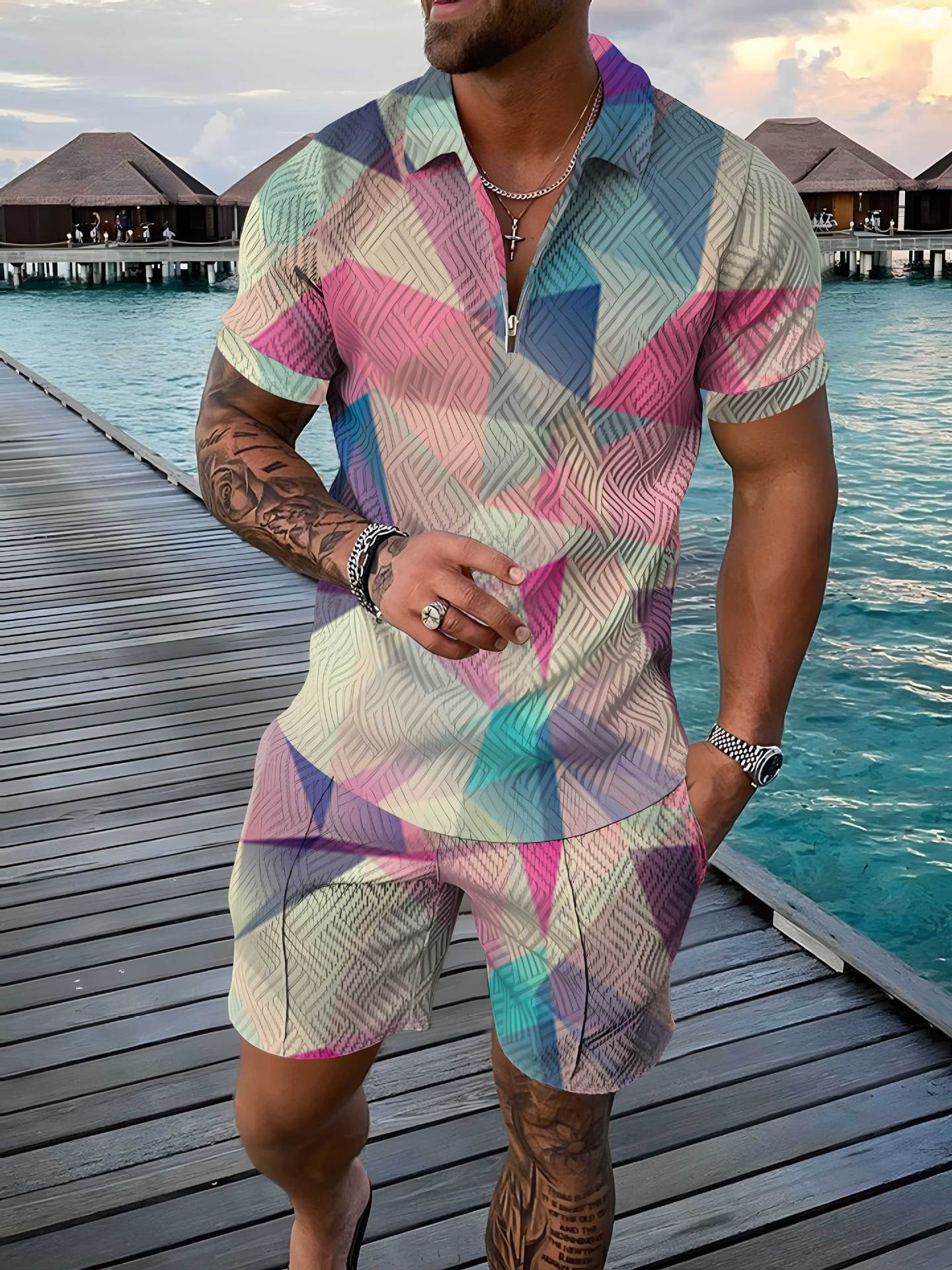 Fashion Zipper Polo Shirt Suit Men's Casual 3D Printed Polo Shirt Shorts