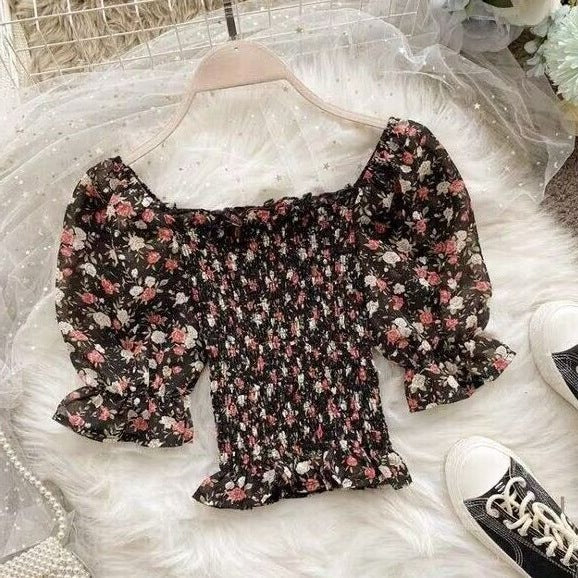 Square-neck Chiffon Floral Womens Summer Short-sleeve Top