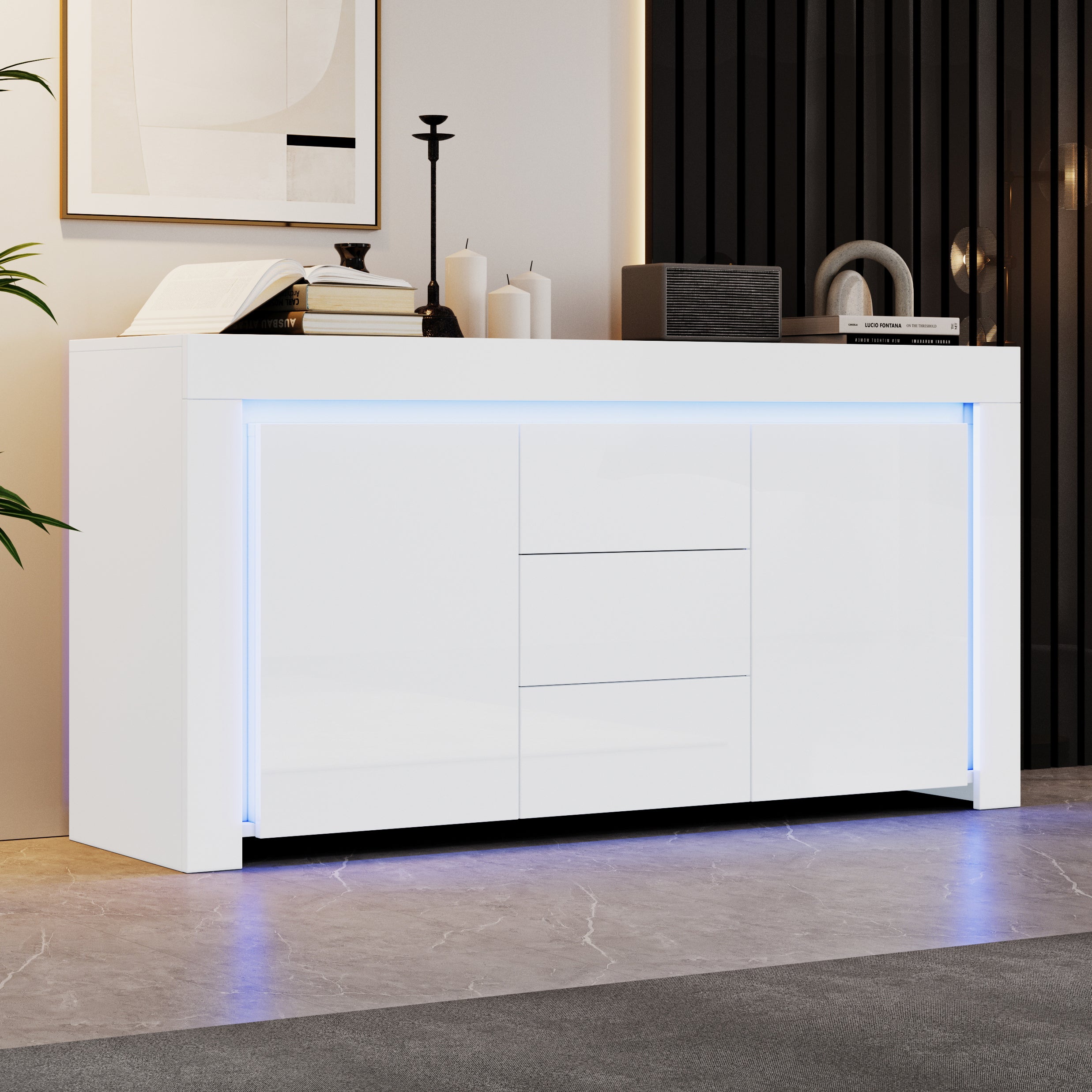 140x40x65cm Living Room Cabinet,Modern Chest Of Drawers With 3 Drawers,2 Doors,Width 140cm,High Gloss Side Cabinet With LED Light Strip,Sideboard With Storage Space,Suitable For Hallways, Living Rooms