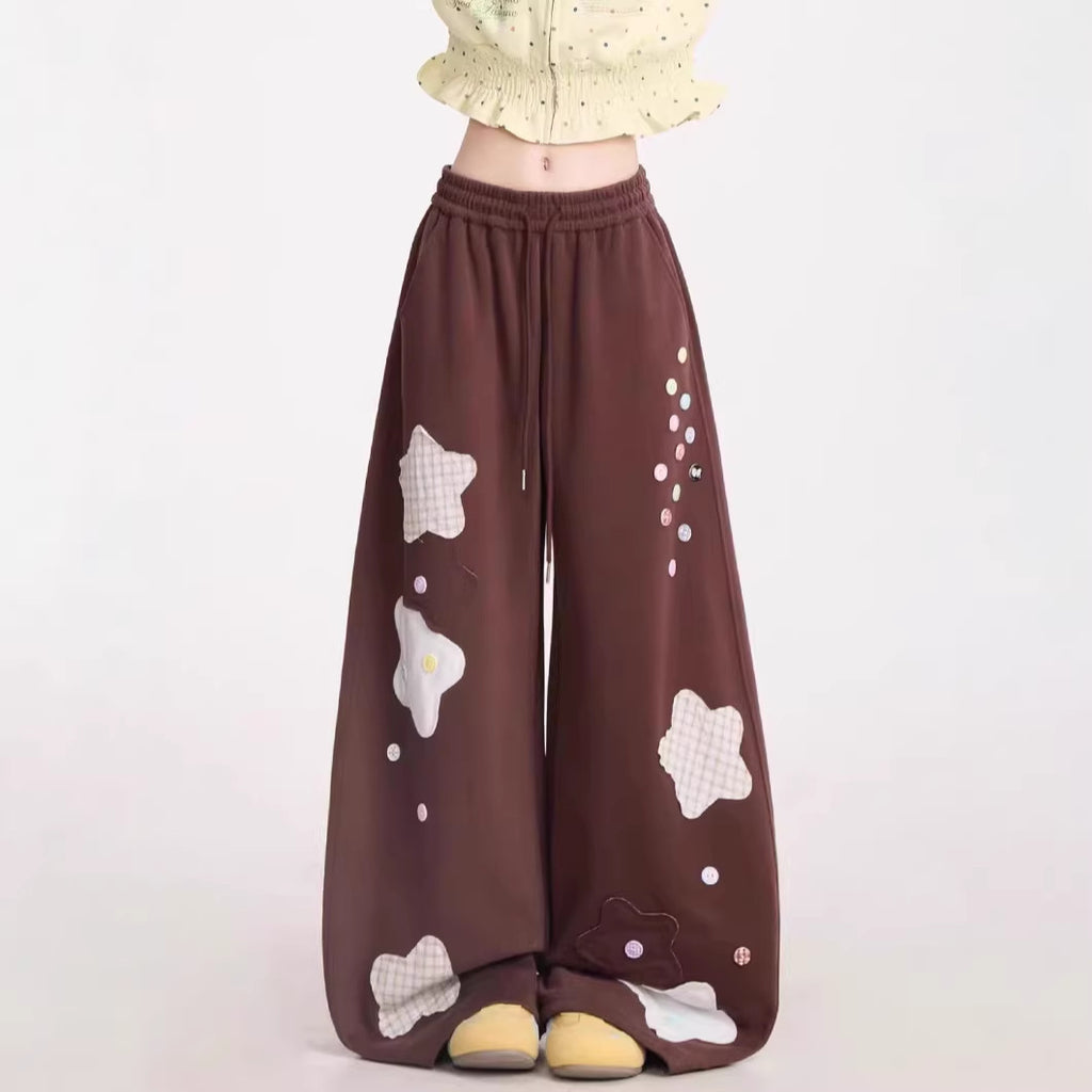 Womens American-Style Retro Quirky Patchwork Plaid Straight-Leg Sweatpants
