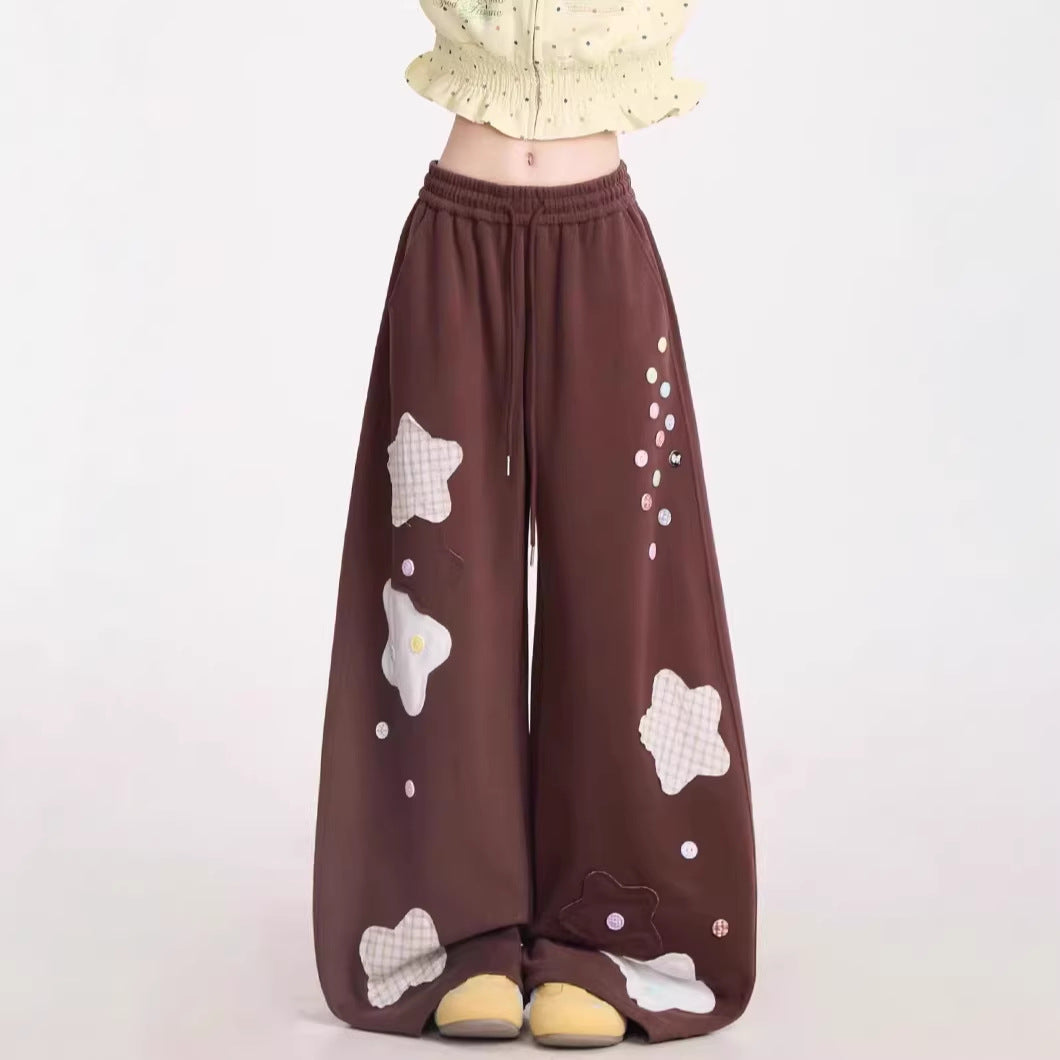 Womens American-Style Retro Quirky Patchwork Plaid Straight-Leg Sweatpants