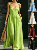Women's Summer V-Neck Slip Dress With Pockets, Waist-Cinching Slim Elegant Midi Dress