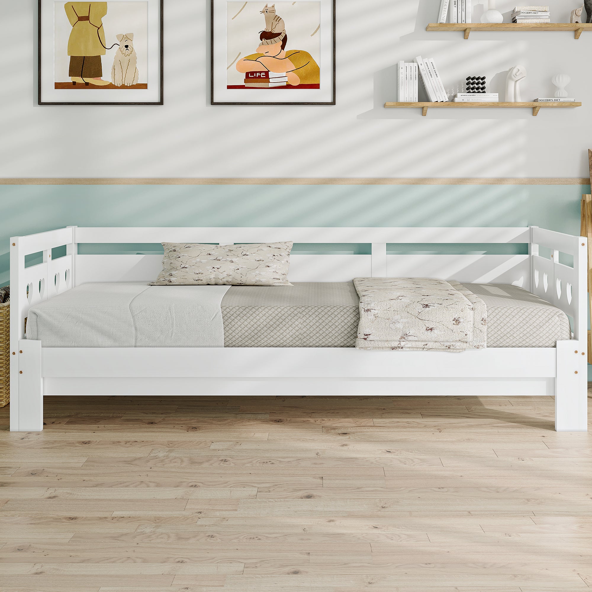 Daybed Daybed, Pull-out Bed, 90x190cm, Solid Pine, With 2nd Bed And Roll-up Grate Heart Shape Bed White