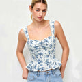 Summer New White-base Top With Blue Floral Print Strapless Style