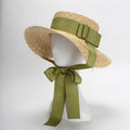Women's Straw Hat Flat Top Fashion Green Bow Tie