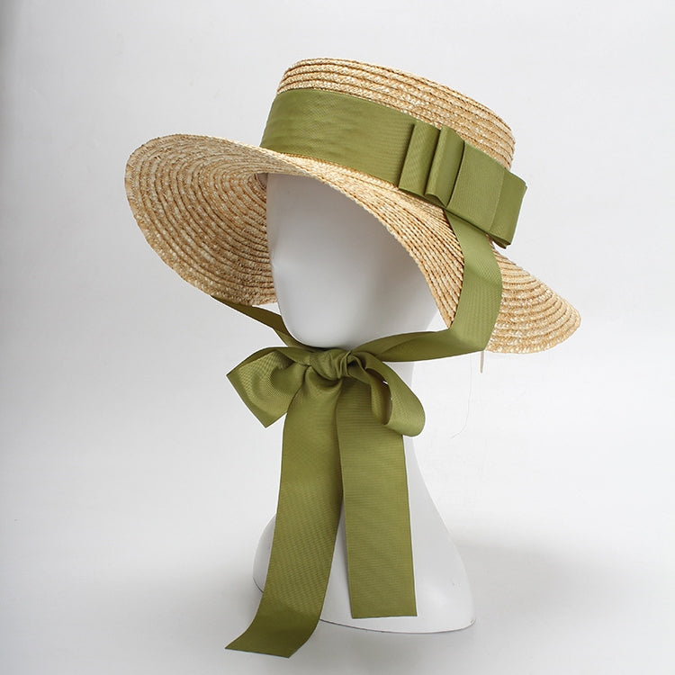 Women's Straw Hat Flat Top Fashion Green Bow Tie