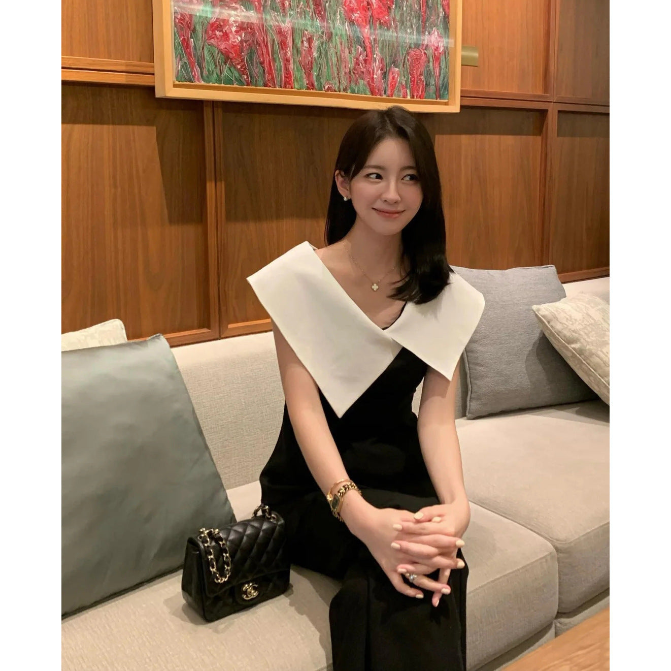 Women's Color-blocked Lapel Waist-cinching Shirt