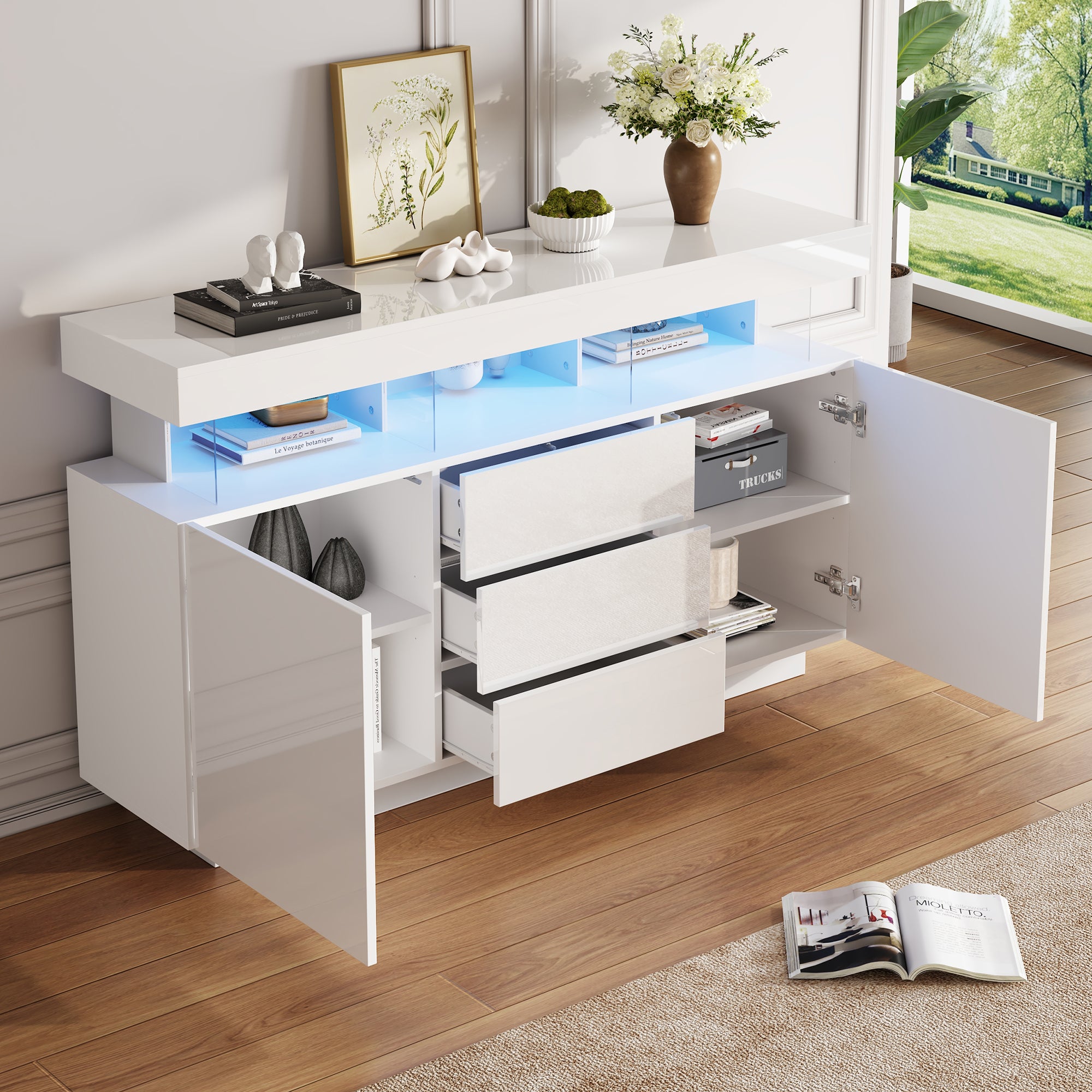 140 X 35 X 80 Cm Modern Sideboard, High-gloss Sideboard, Coffee Bar, Acrylic Sideboard With 16-color LED Light Strip, Suitable For Dining Room, Kitchen, Hallway White