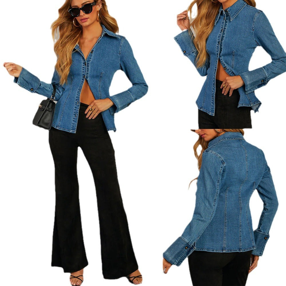Autumn Casual Lapel Single-breasted Womens Long-sleeve Denim Jacket