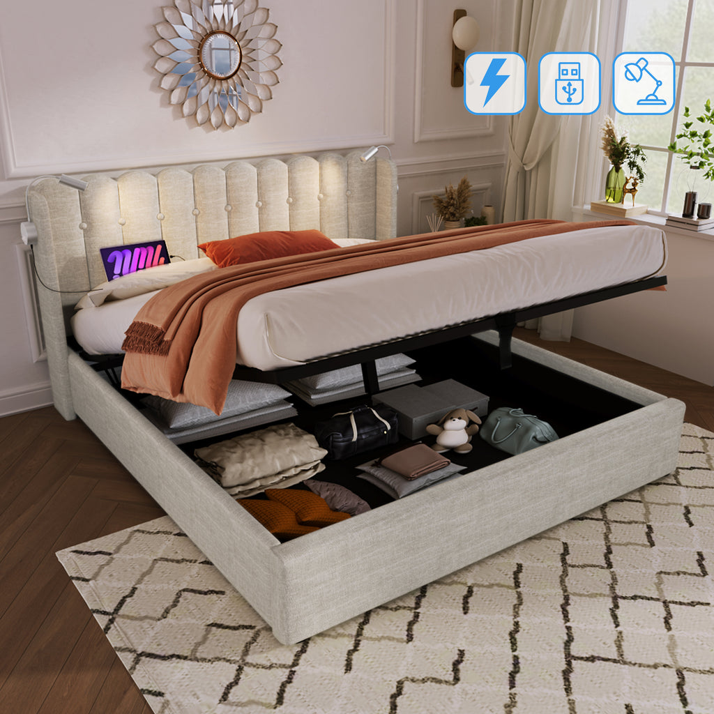 Upholstered Bed Double Bed Reading Light With Charging Function Head Part Storage Bed Frame Linen Material Youth Bed 160x200 With Slate Rust,Of Course Without Mattress