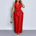 Womens V-neck Sleeveless Asymmetrical Top And Wide-leg Pants Set