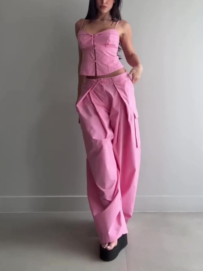Spaghetti Strap Corset Top & Wrap Front Balloon Wide Leg Pants 2-Piece Set