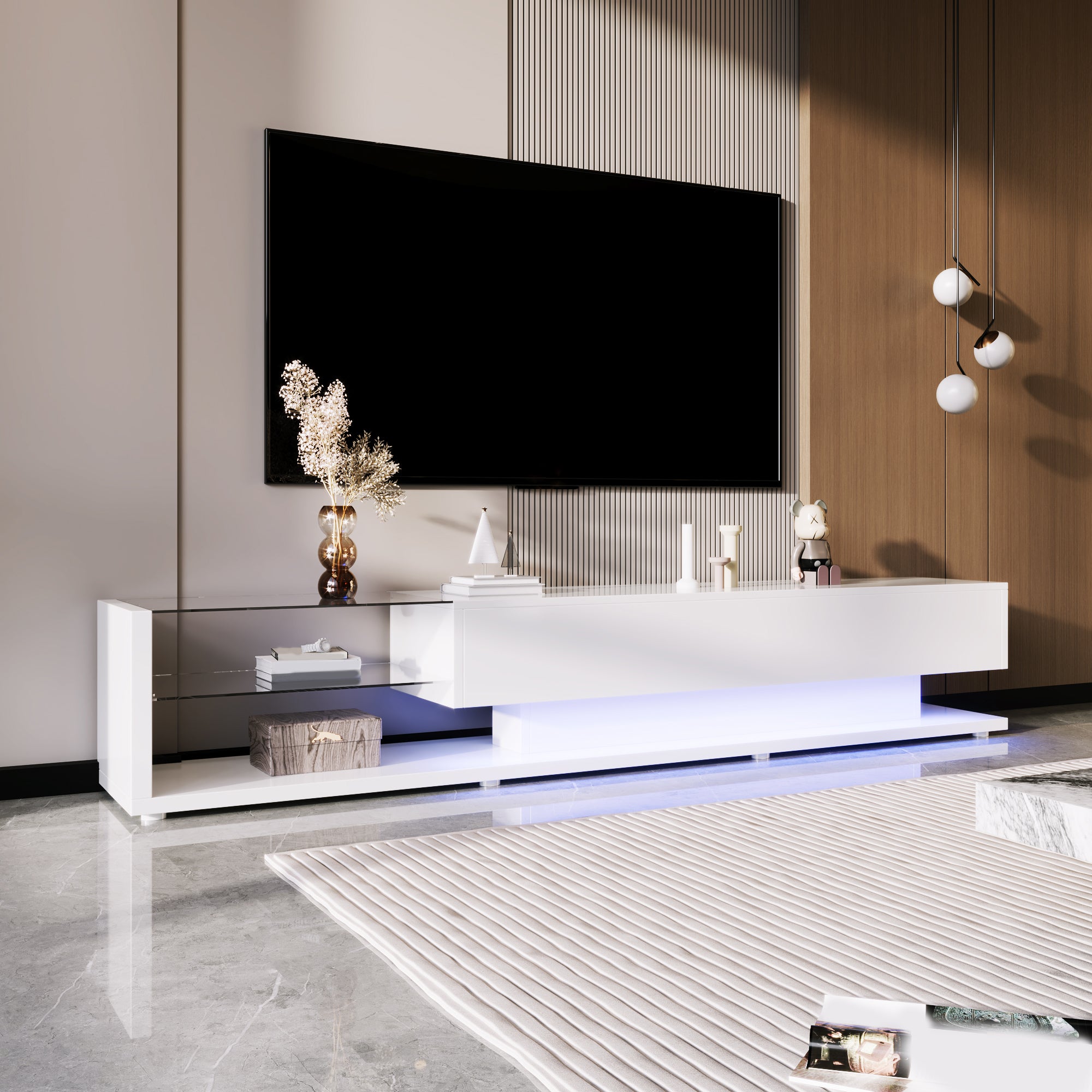 TV Cabinets, Low Panels, High Gloss White Glass Partitions And Variable LED Lighting. It Combines Natural, Rustic Style With Modern Design