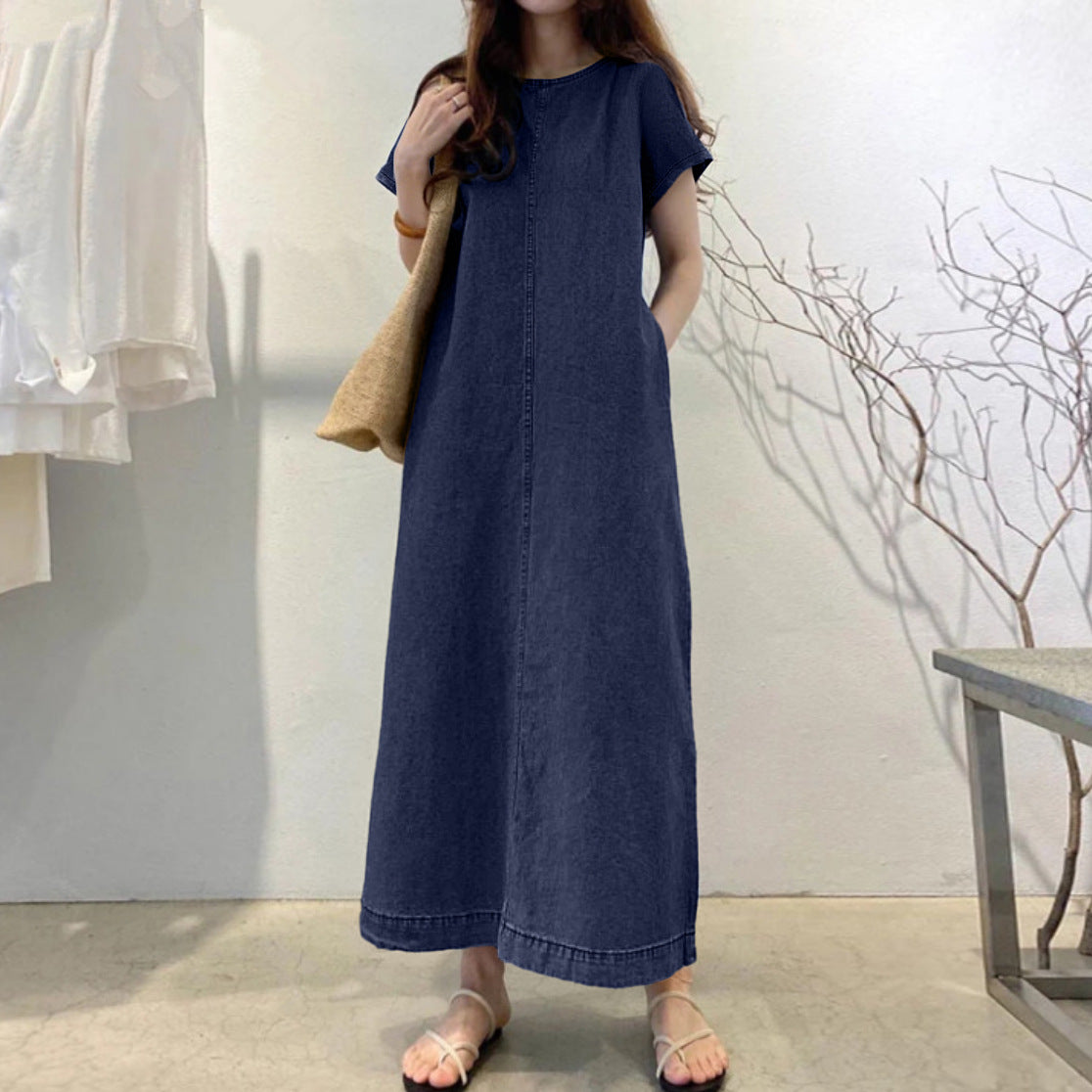 Womens Solid-Color Fashionable Round-Neck Loose-Fit Pocketed Dress