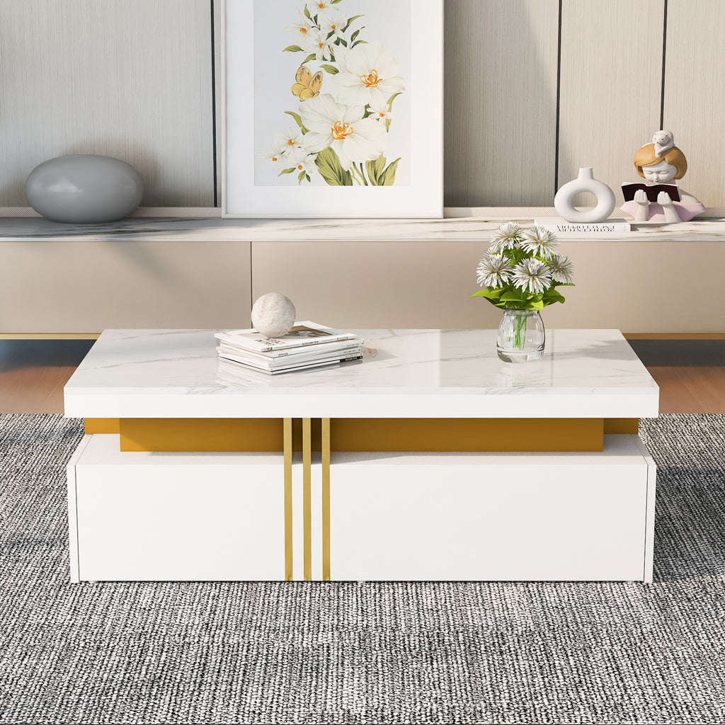 N625P173142W Changed Materials Modern Rectangular Coffee Table With High-gloss Top, 2 Wooden Drawers, Marbled Tabletop, For Living Room,