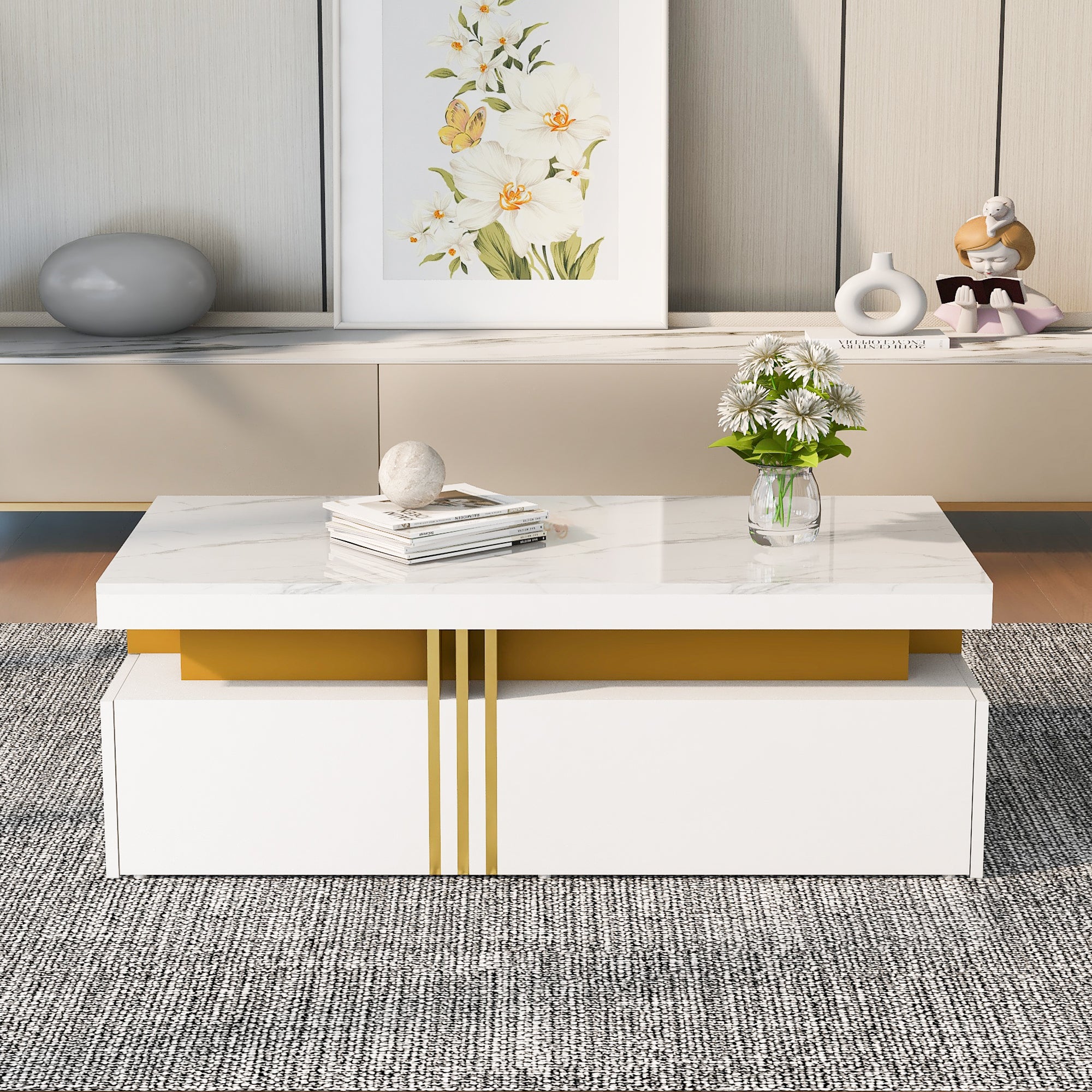 N625P173142W Changed Materials Modern Rectangular Coffee Table With High-gloss Top, 2 Wooden Drawers, Marbled Tabletop, For Living Room,