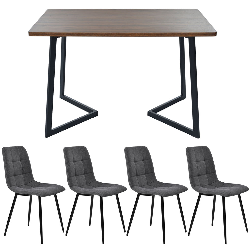 Dining Set 5-piece  Dining Table With 4 Chairs Set, Modern Kitchen Table Set, Wood-grain Kitchen Table With Black Metal Legs, MDF Tabletop In Walnut Color, Dark Gray Linen Dining Chairs