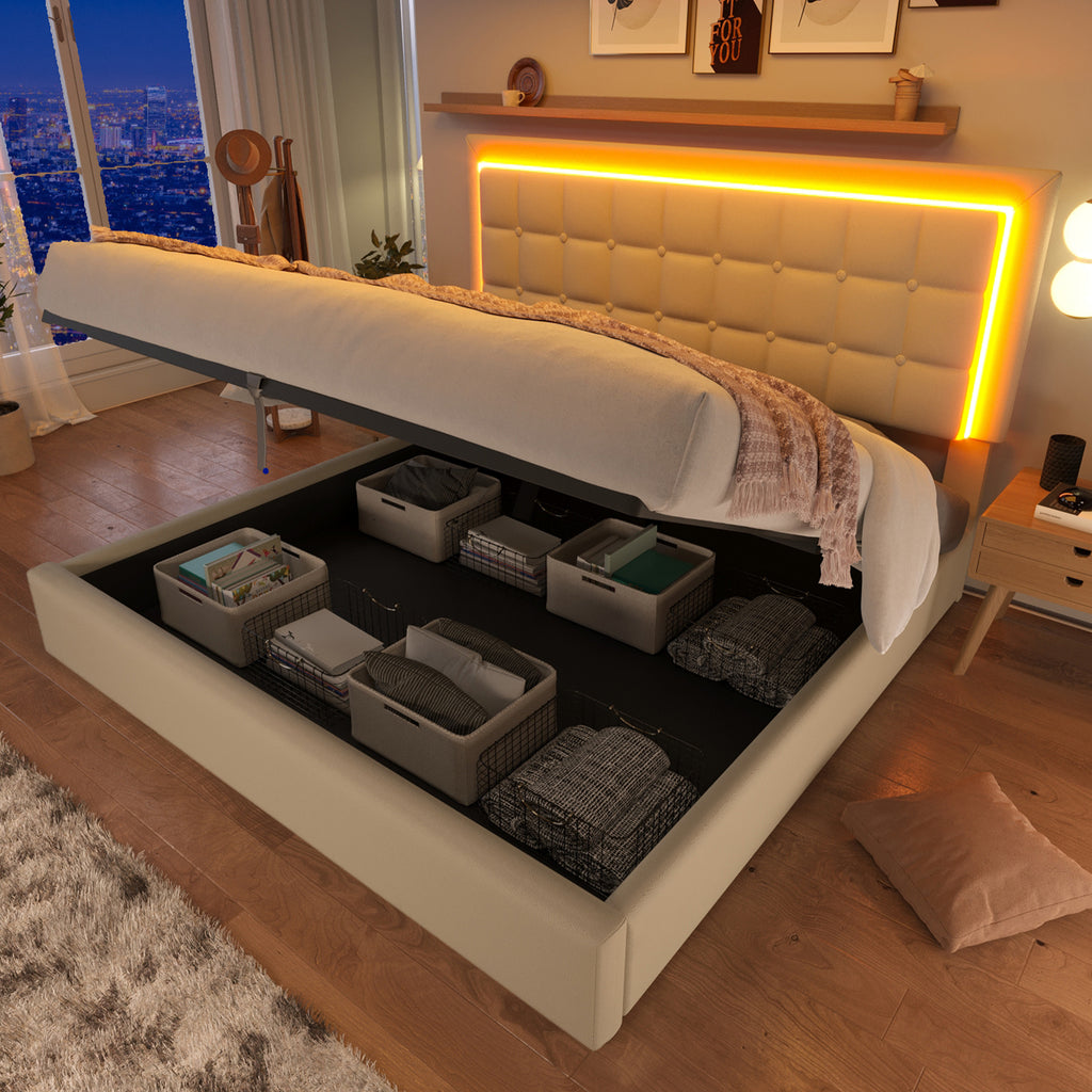 Upholstered Bed With Slatted Frame And Storage Space Double Bed Incl. LED Lighting Strip Bed Frame 140x200cm, Storage Bed Functional Bed Cover Made Of Imitation Leather White