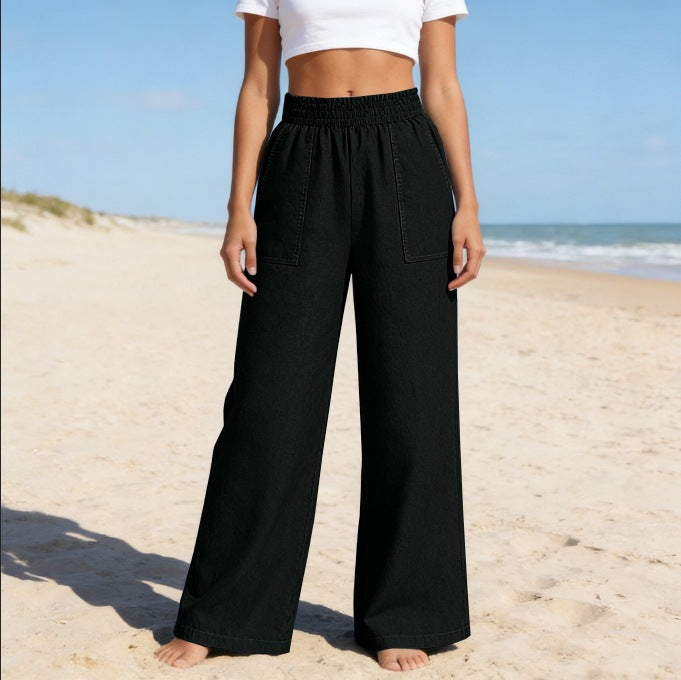 New-style Loose-fitting Versatile Solid-color Ankle-length Denim Wide-leg Pants