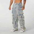 Mens Retro-style Loose-fit Washed Straight-leg Denim Jeans With Multiple Pockets