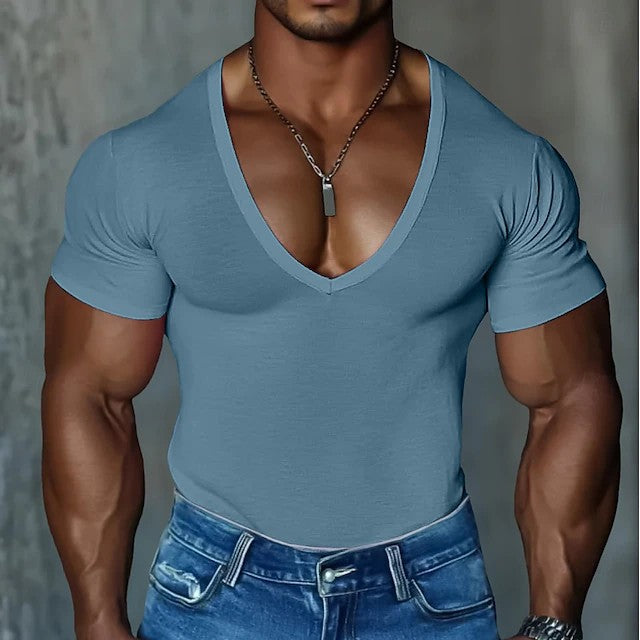Mens Short-sleeve V-neck T-shirt Slim-fit Solid Color Casual