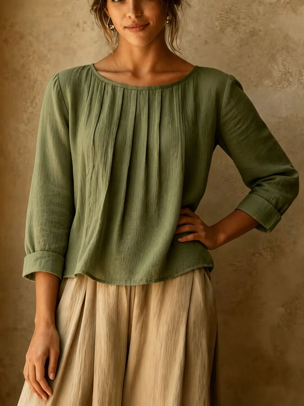Womens Cotton-linen Top Loose-fit Round-neck Shirt