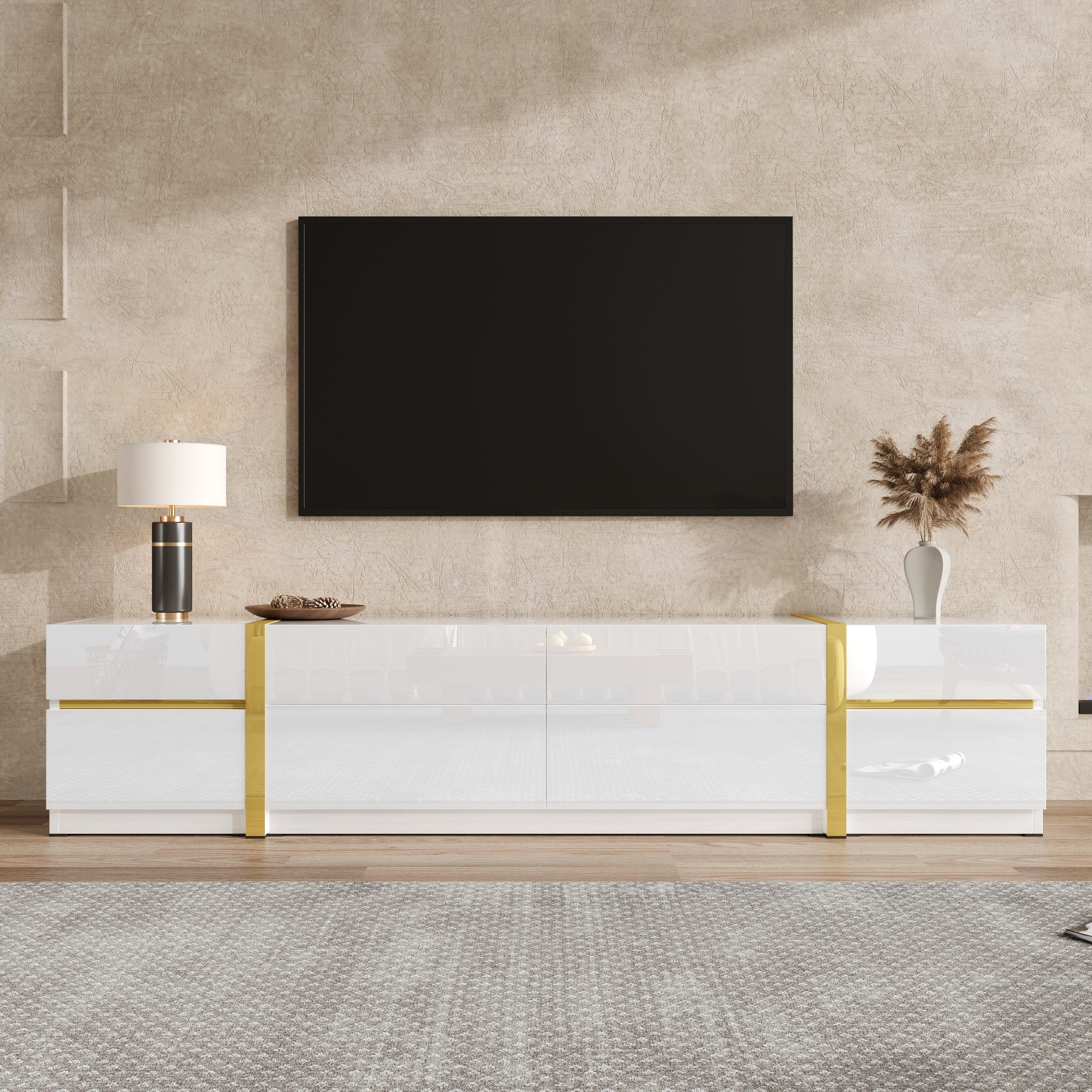 Luxurious TV Stand , TV Cabinet,High Gloss Finish , Gold Tone Edges , With Drawers And Doors , Modern Style , Provides Plenty Of Storage Space For The Living Room , TV Cabinet