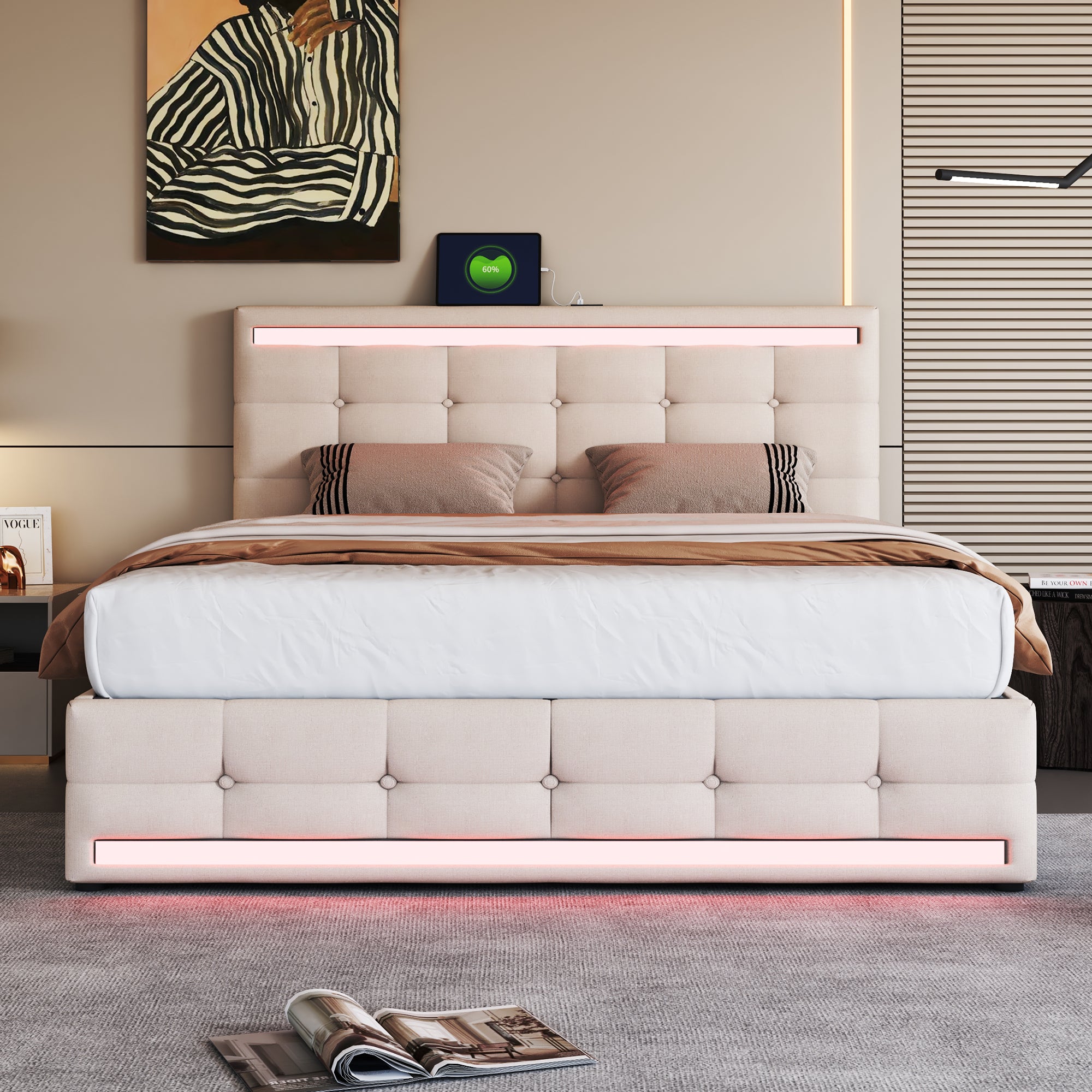 Upholstered Bed 140x 200 LED Upholstered Bed With 4 Drawers And 2 USB Charging Stations, Bed Frame With LED Head Part Foot Part, Upholstered Platform Bed With Storage Space, Linen Beige