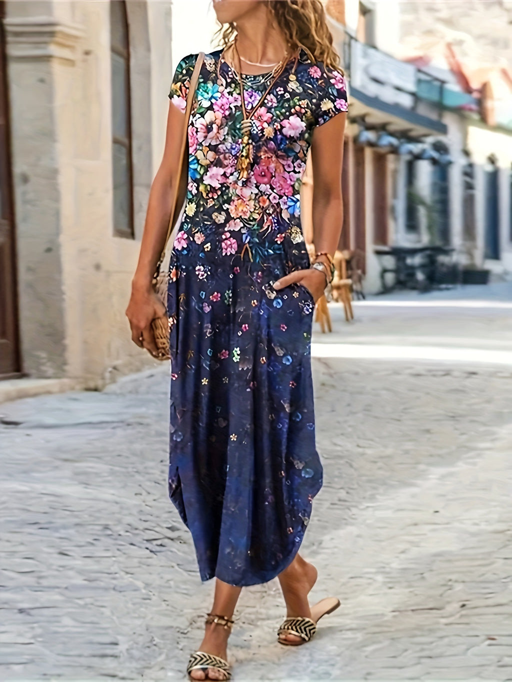 Women's Floral Print Short Sleeve Maxi Dress With Pockets Casual Round Neck Loose Fit Long Dress For Summer