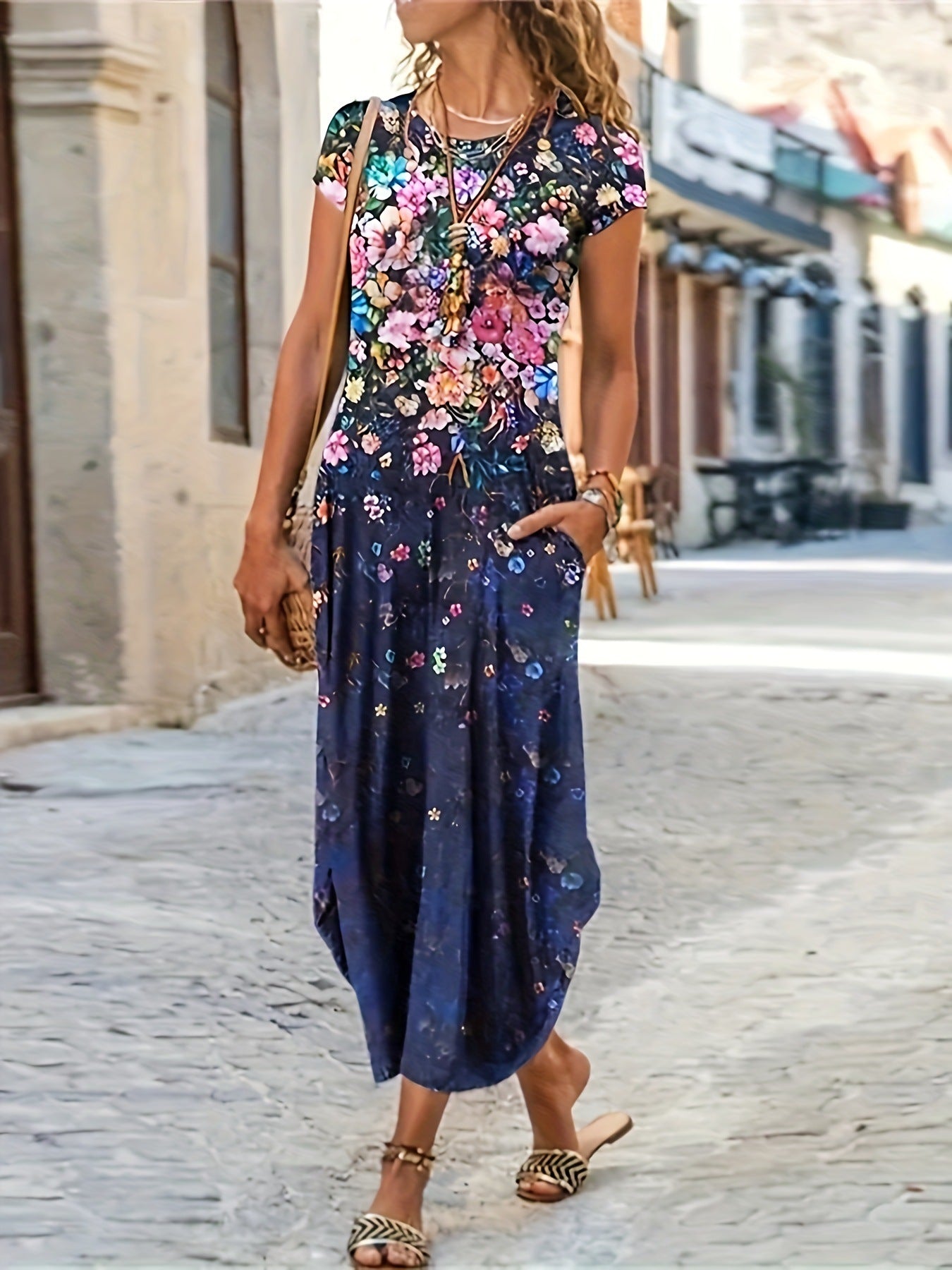 Women's Floral Print Short Sleeve Maxi Dress With Pockets Casual Round Neck Loose Fit Long Dress For Summer