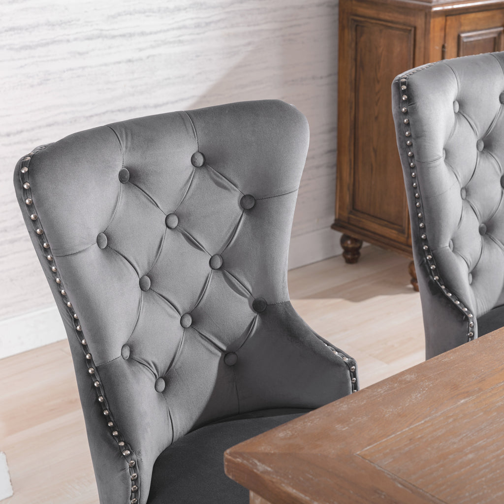 Velvet Dining Chairs 4 Set With Oak Legs, Button, Chrome Clamp And Nail Head Fit Bedroom Chair Kitchen Chair Living Room Lounge Recreational Chair Grey, 4 Pieces Old Sku -PP198789AAG