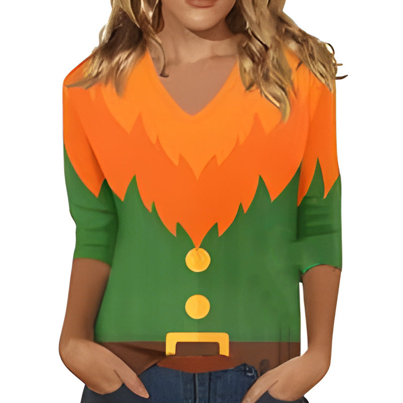 Womens Fashion V-neck Printed Loose-fitting Long-sleeve