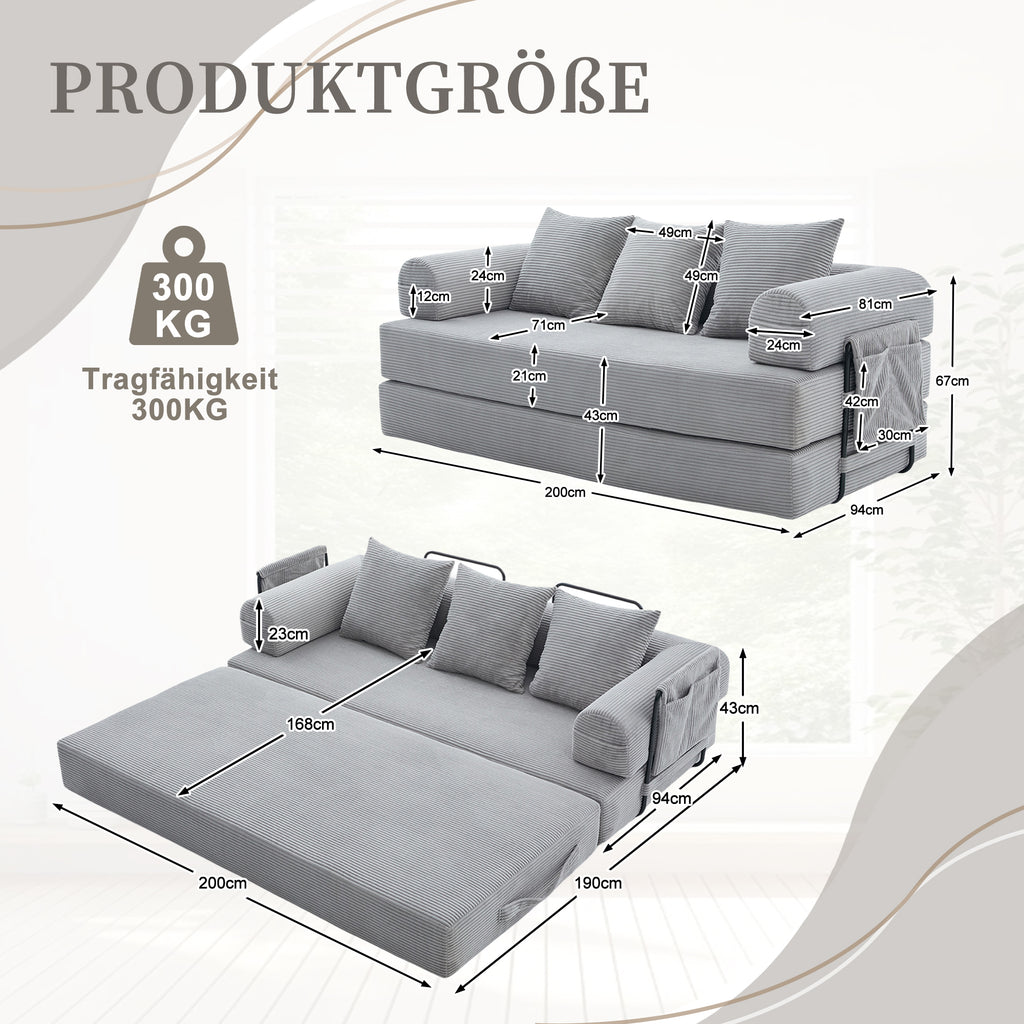 Folding Compression Sofa With Robust Metal Frame, Side Pockets Plus 3 Pillows. Individual Lounge Landscapes Freely Configurable. Modern Metal Fabric Combi - Ideal For Living Room. Light Grey
