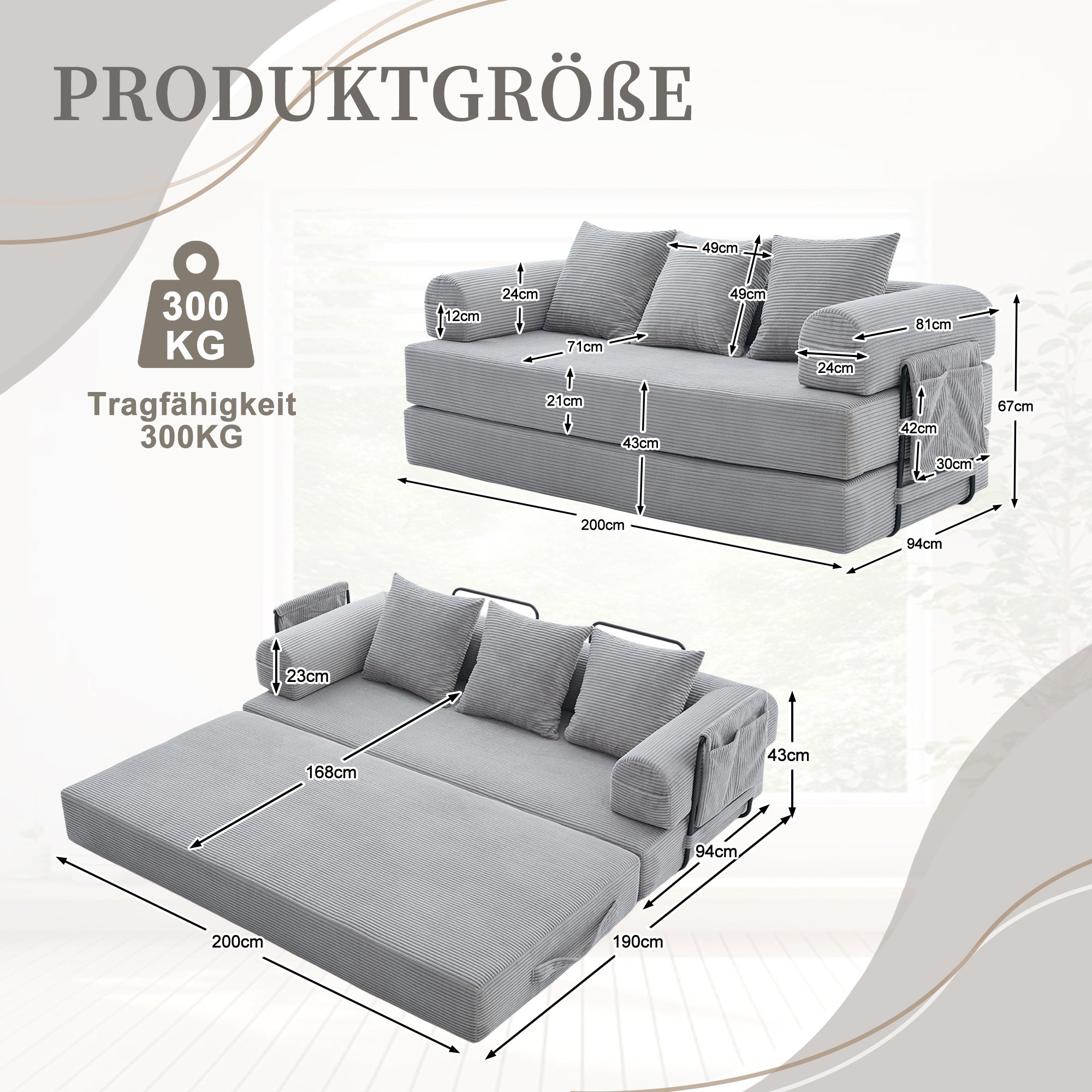Folding Compression Sofa With Robust Metal Frame, Side Pockets Plus 3 Pillows. Individual Lounge Landscapes Freely Configurable. Modern Metal Fabric Combi - Ideal For Living Room. Light Grey