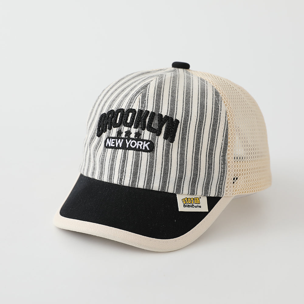 Summer Baby Vertical-striped Mesh Patchwork Embroidered NEW YORK Baseball Cap For Park Playtime On Weekend Picnic
