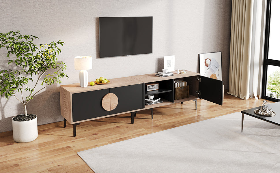 Lowboard TV Cabinet, TV Stand For The Living Room, TV Cabinet With 2 Cabinets, TV Board With Open Shelves, Wood Color  Black, Suitable For 80-inch TVs
