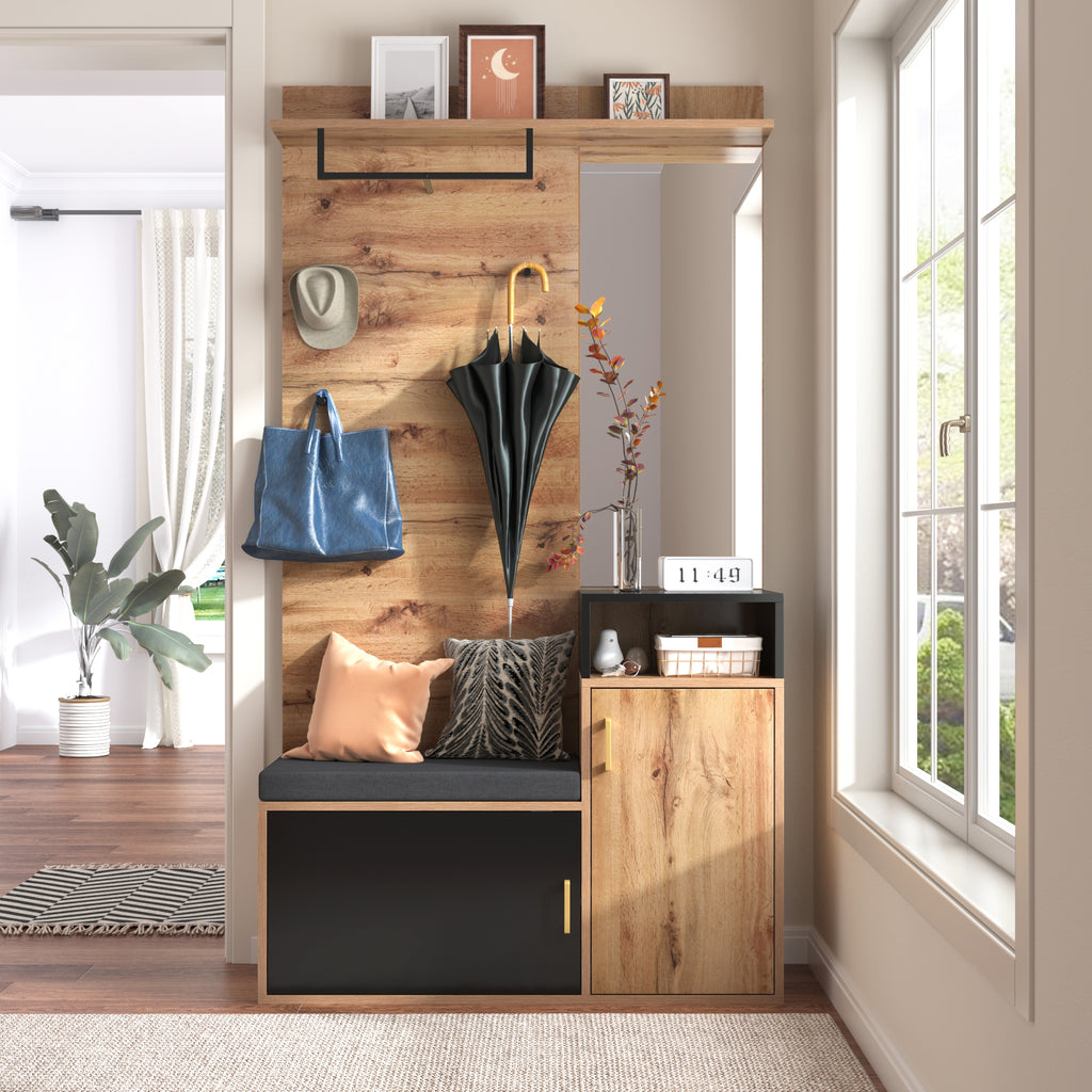 Wardrobe Set With 4 Coat Hooks, Mirror, Shoe Cabinet, Wall-mounted Coat Rack, Top Shelf, Hallway Bench. Not A One-piece Product Requires Drilling And Punching Holes In The Wall.