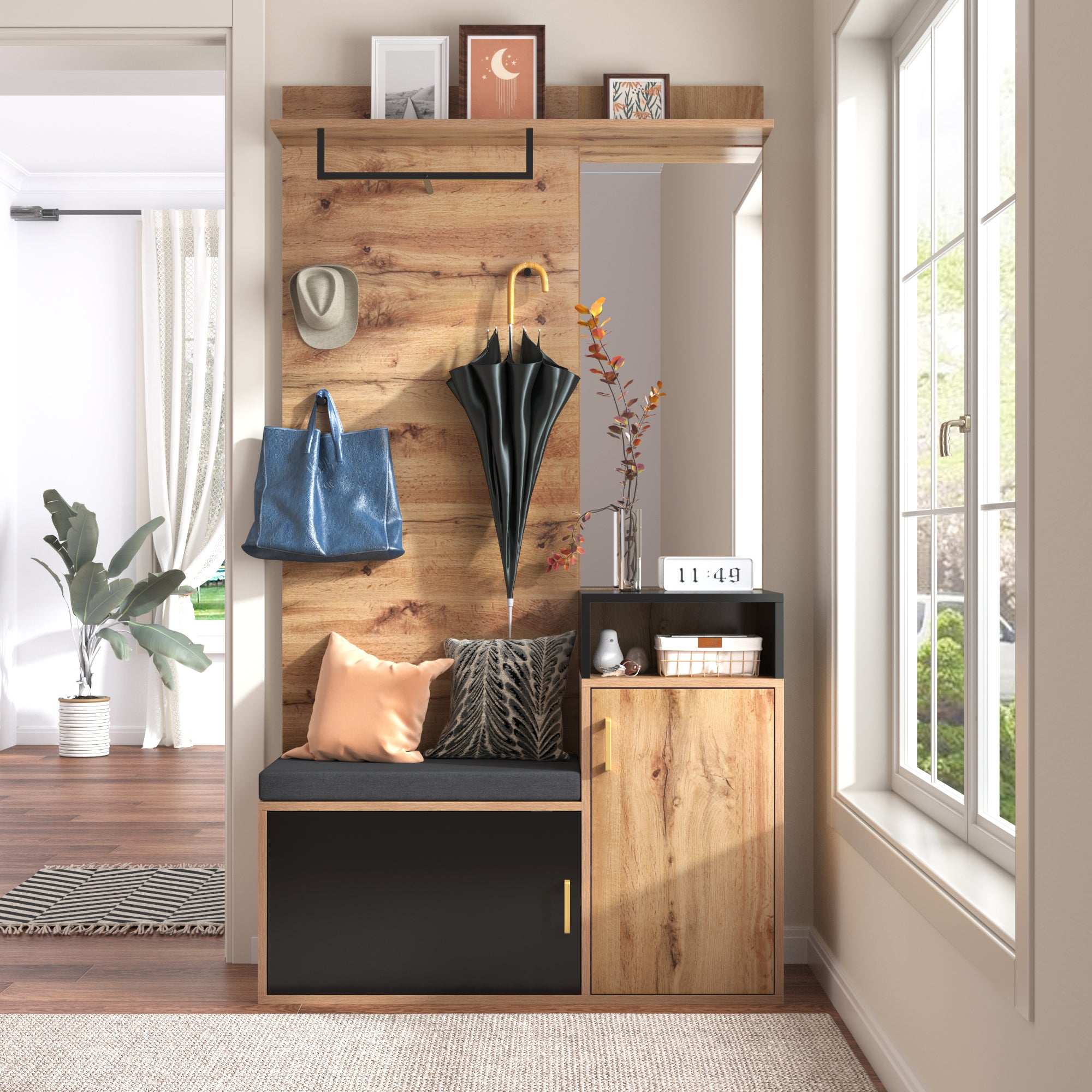 Wardrobe Set With 4 Coat Hooks, Mirror, Shoe Cabinet, Wall-mounted Coat Rack, Top Shelf, Hallway Bench. Not A One-piece Product Requires Drilling And Punching Holes In The Wall.