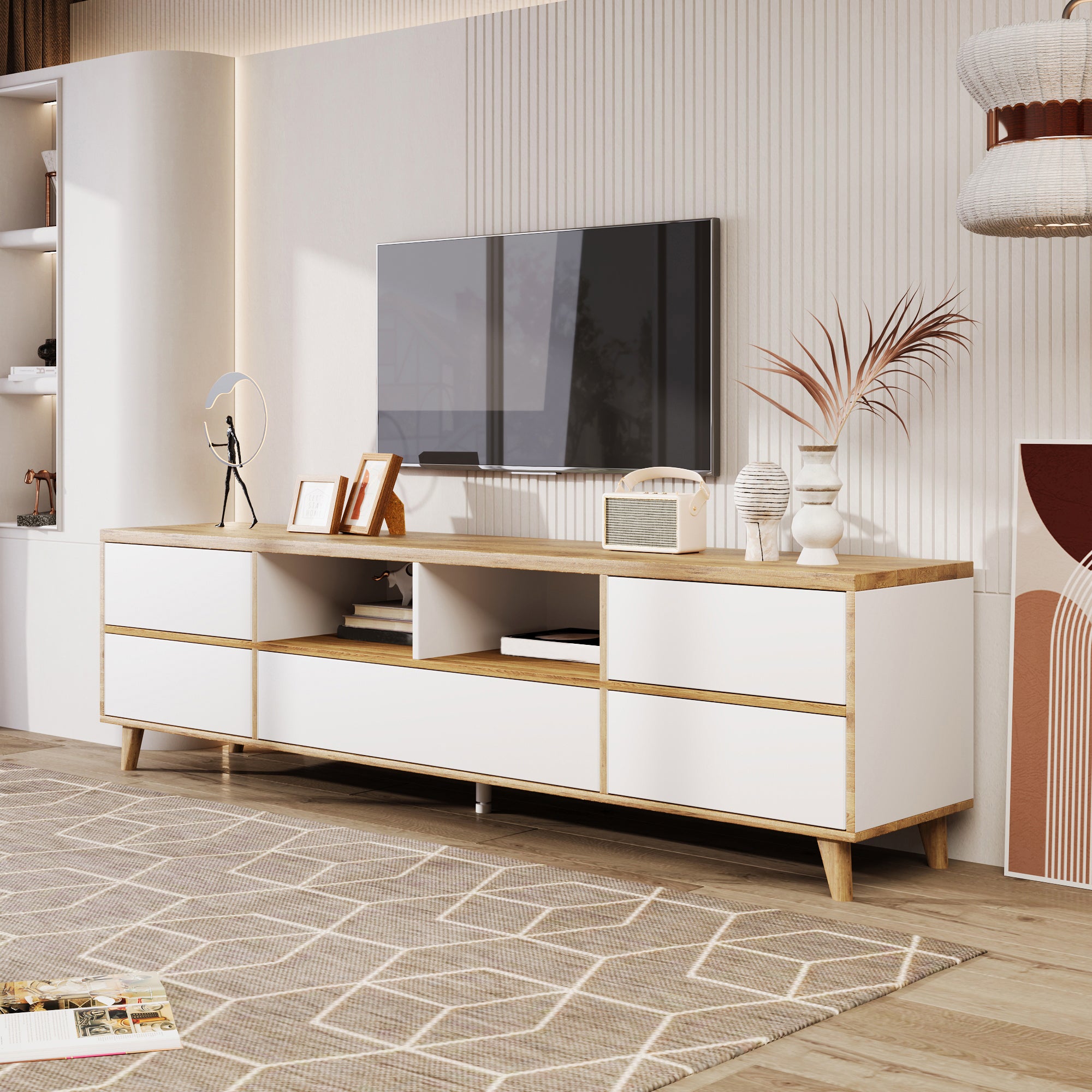 TV Cabinetlowboard, Living Room Furniture In White And Wood Tones. Features Compartments And Doors In A Natural Country-house Style.