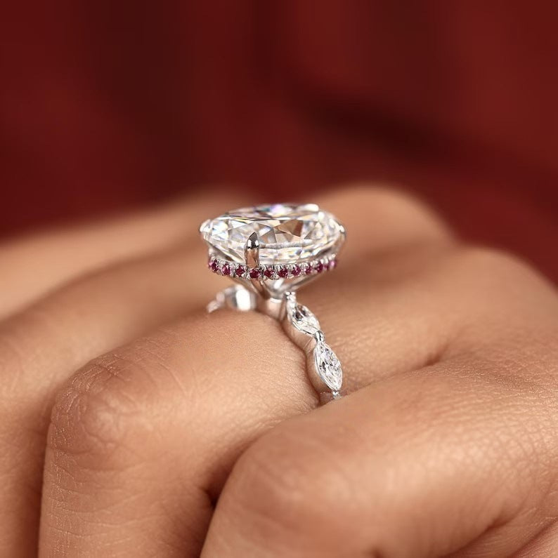 Sparkling Marquise & Oval Ruby High Carbon Diamond Ring For Women, Luxury Unique Designer Jewelry, Gold Plated Red Corundum Statement Ring