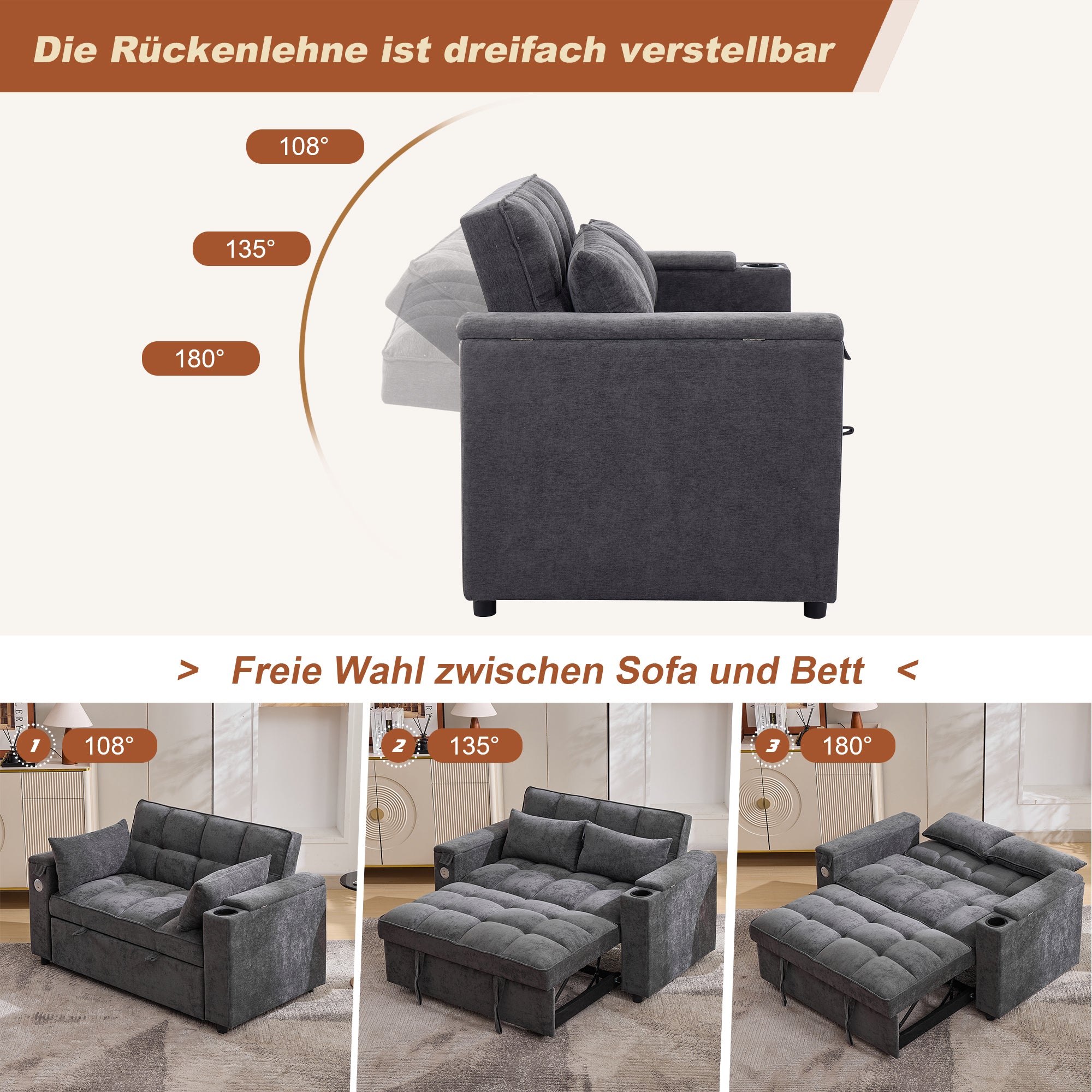 140.5x74x82cm Sofa Bed 3-in-1 Pull-Out Sofa, With Adjustable Backrest, USB Port, 2-Seater Sofa Lounge Sofa Daybed Foldable Pull-Out,Equipped With Hidden Table, Cup Holder, Grey