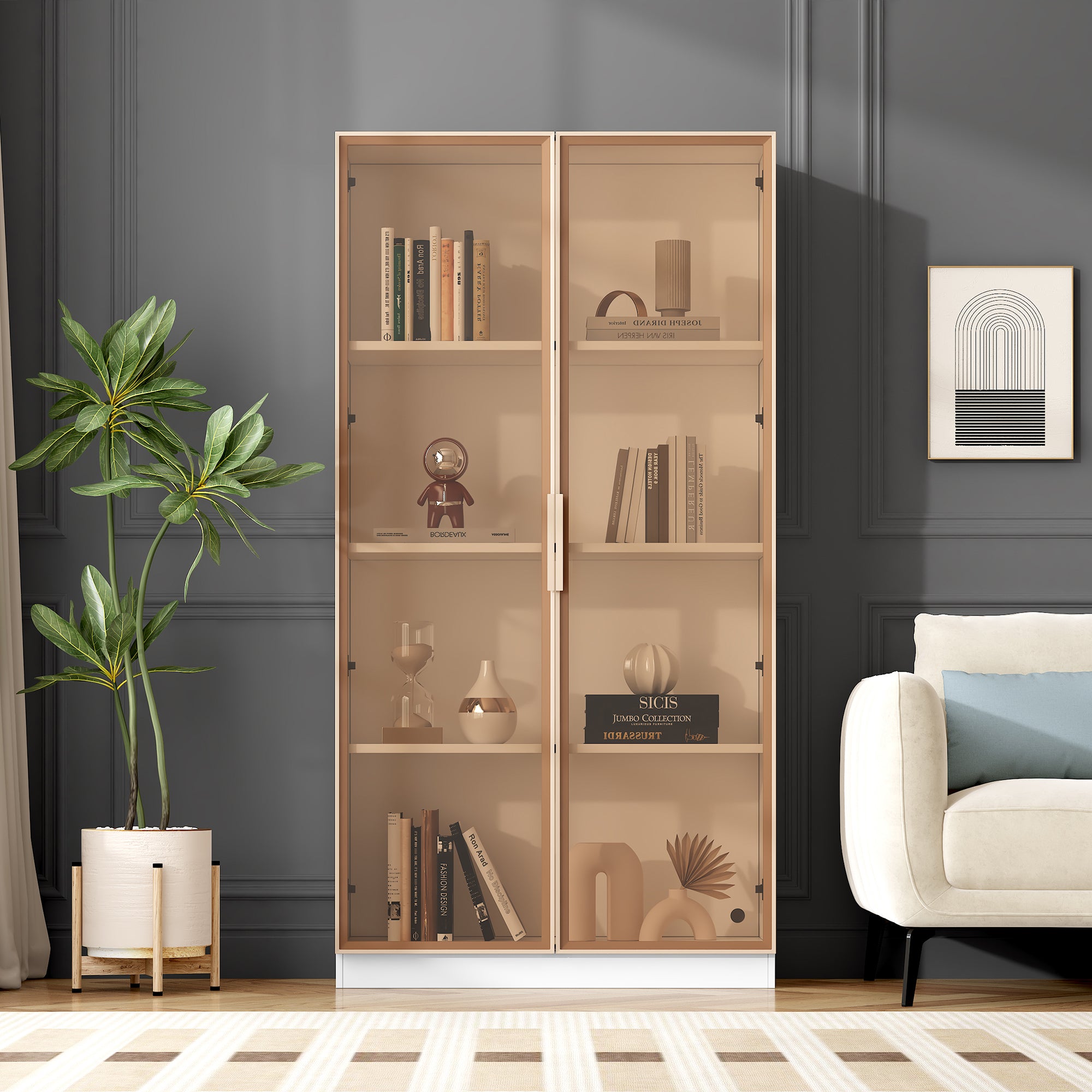 Glass Display Case With LED Lighting, Double Door Display Case With Movable Shelves, 80x40x160cm, Tall Cabinet For Living Room, Stand Display Cabinet, Bathroom Cabinet